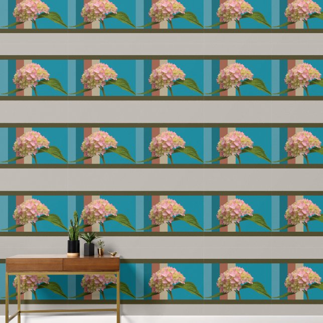 Pink Hydrangea Flower Blue Aqua Grey Brown Pattern Wallpaper (Hallway)