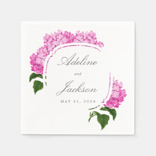 Pink Hydrangea Flower Names and Wedding Date Napkins