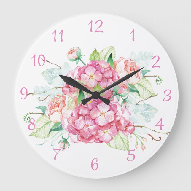 Pink Hydrangea Flower Watercolor Wall Clock (Front)