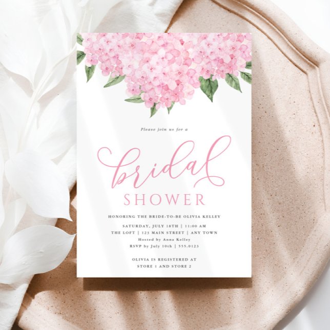 Pink Hydrangea Flowers Calligraphy Bridal Shower Invitation (Creator Uploaded)