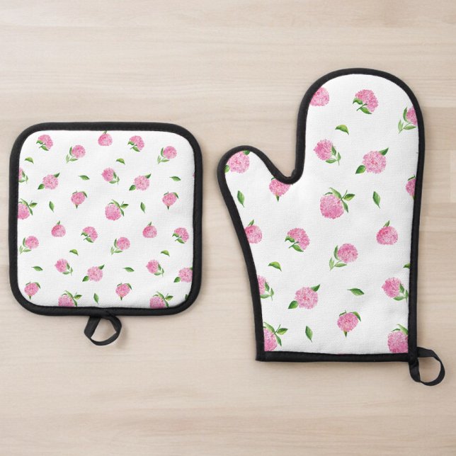 Pink Hydrangea Flowers Floral Oven Mitt & Pot Holder Set (Creator Uploaded)