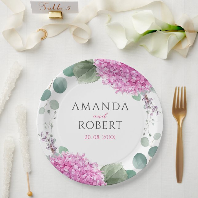 Pink Hydrangea Flowers Watercolor Elegant Wedding Paper Plates (Wedding)
