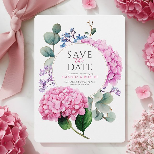 Pink Hydrangea Flowers Watercolor Elegant Wedding Save The Date (Pink Hydrangea Flowers Watercolor Elegant Wedding Save The Date)