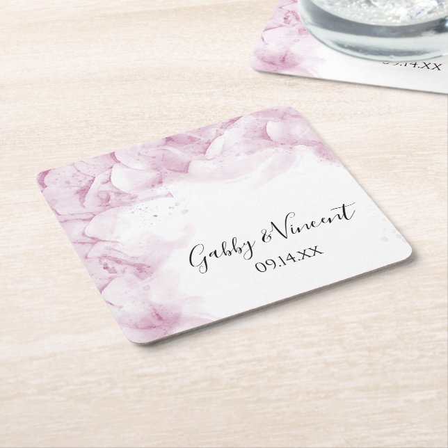 Pink Hydrangea Flowers Watercolor Wedding Square Paper Coaster (Angled)