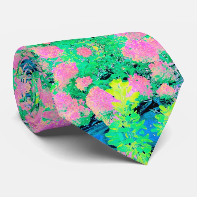 Pink Hydrangea Garden with Yellow Foliage Neck Tie (Rolled)