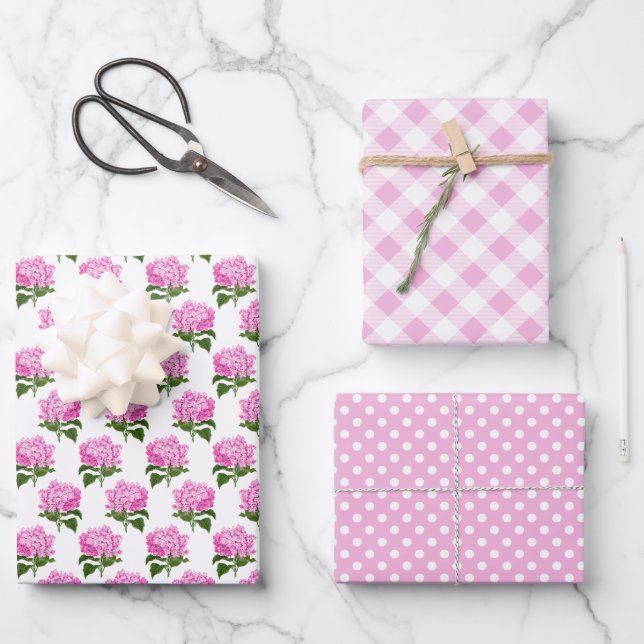 Pink Hydrangea Gingham and Polka Dot Pattern Wrapping Paper Sheets (Front)
