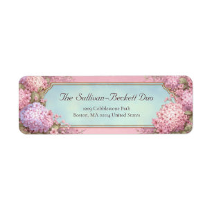 Pink Hydrangea Gold Filigree Sky Blue Label