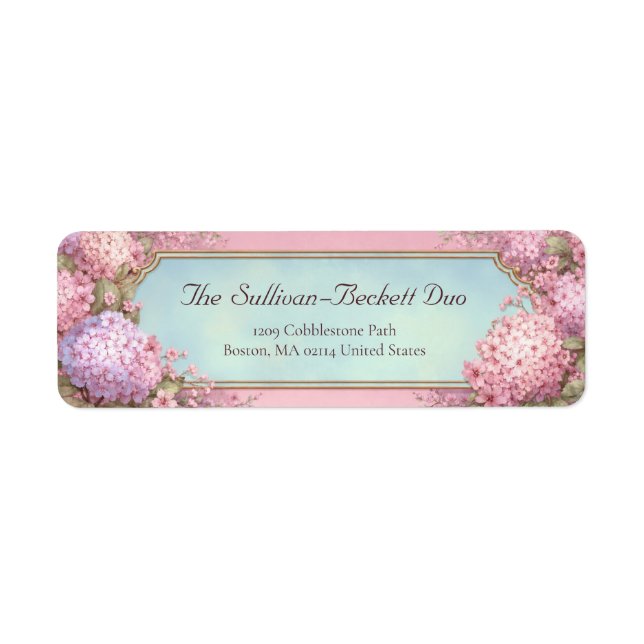Pink Hydrangea Gold Filigree Sky Blue Label (Front)