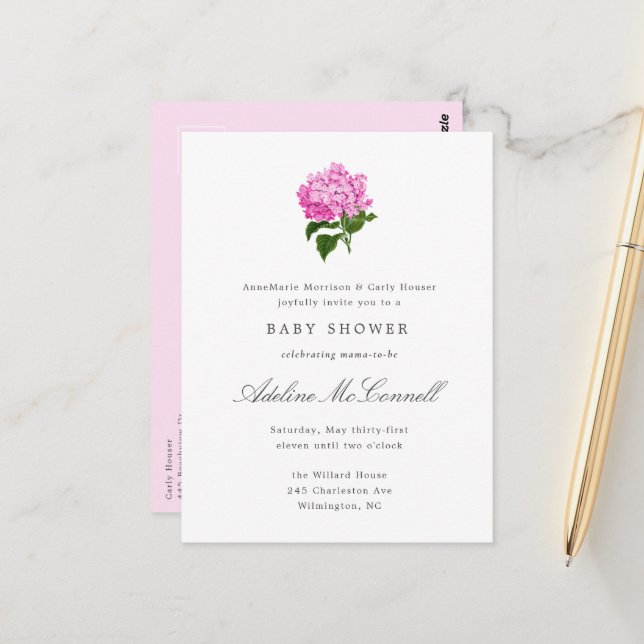 Pink Hydrangea Grandmillennial Baby Shower Postcard (Front/Back In Situ)