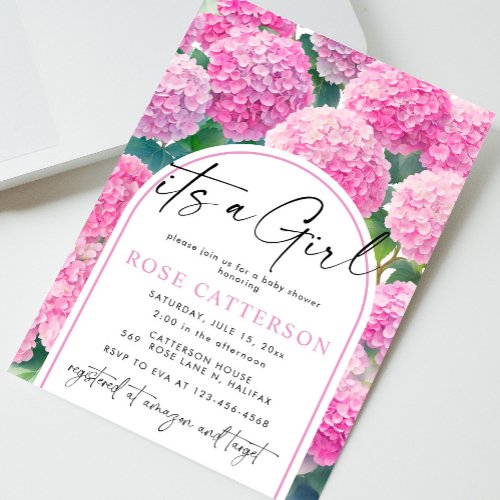 Pink Hydrangea Its a Girl Baby Shower Invitation