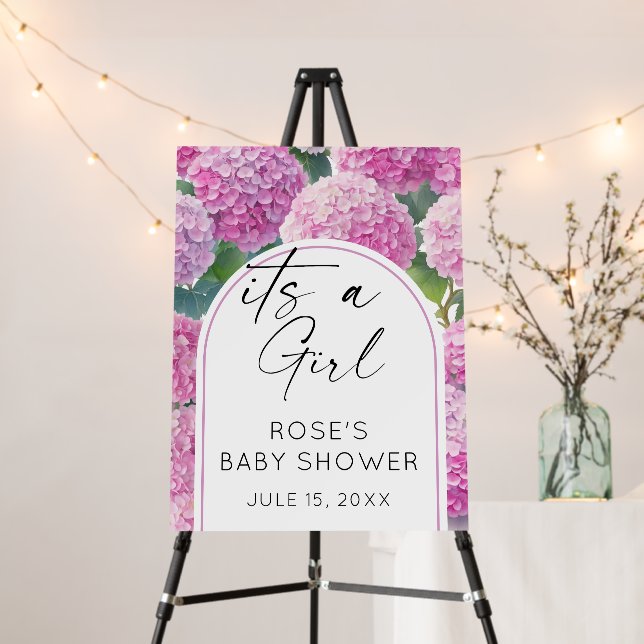 Pink Hydrangea It's a Girl Baby Shower Welcome  Foam Board (In Situ (Stand))