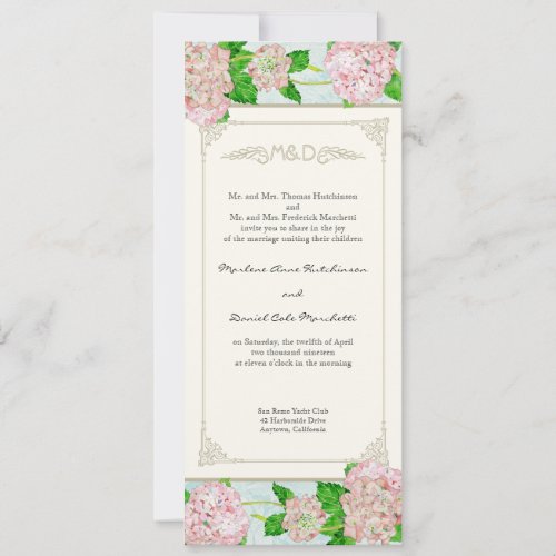Pink Hydrangea Lace Floral Formal Elegant Weddings 4x9.25 Paper Invitation Card