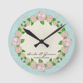 Pink Hydrangea Lace Floral Formal Wedding Gift Round Clock by VintageWeddings at Zazzle