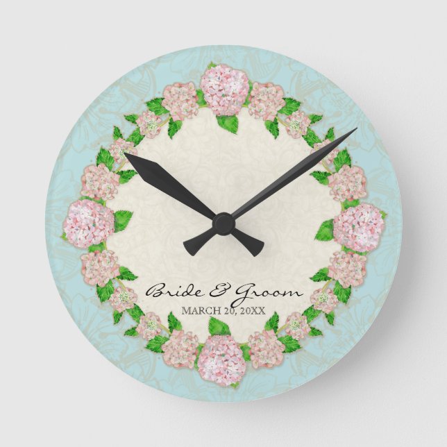 Pink Hydrangea Lace Floral Formal Wedding Gift Round Clock (Front)
