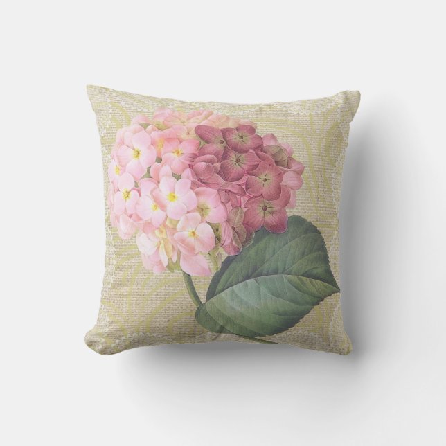 Pink hydrangea & lace floral vintage pillow (Front)