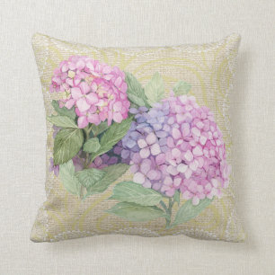 Pink hydrangea & lace floral vintage pillow