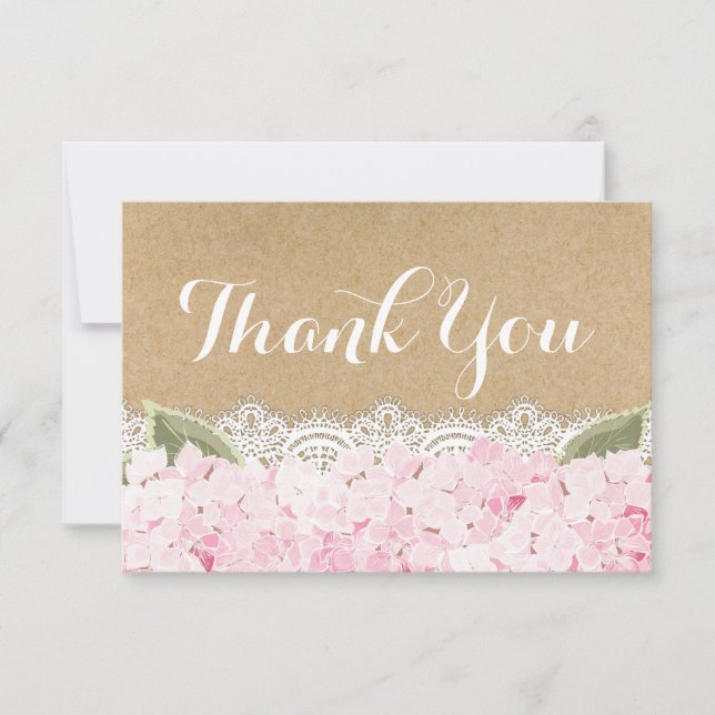 Pink Hydrangea Lace Modern Rustic Thank You Card (Front)