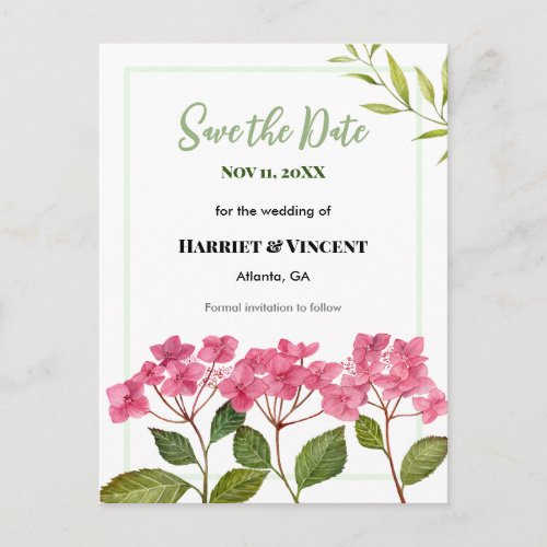 Pink Hydrangea Lacecaps Wedding Save The Date Announcement Postcard