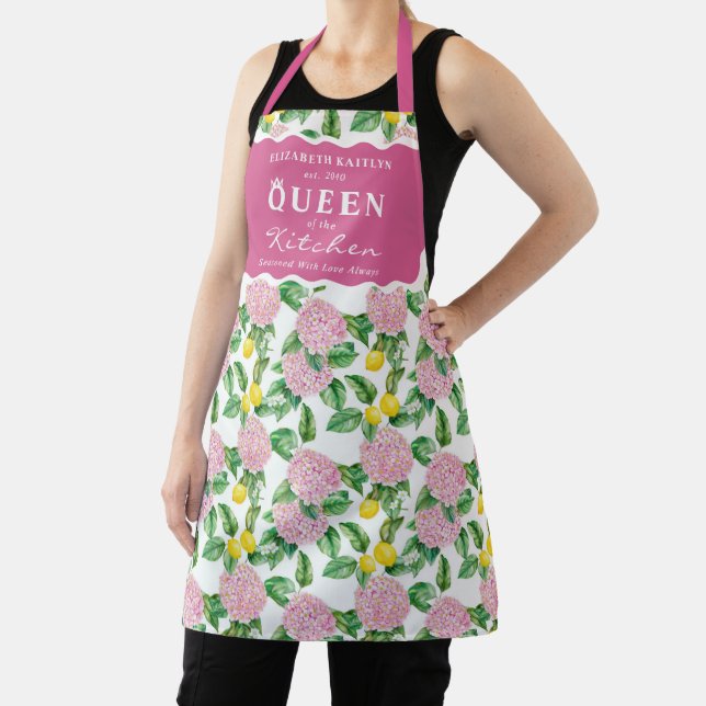 Pink Hydrangea Lemons Citrus Queen of the Kitchen Apron (Insitu)