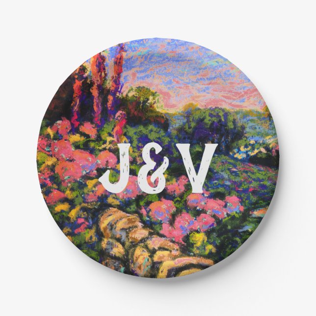 Pink Hydrangea, lush garden & Initials Paper Plates (Front)