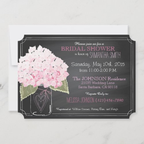 Pink Hydrangea Mason Jar Chalkboard Bridal Shower Invitation