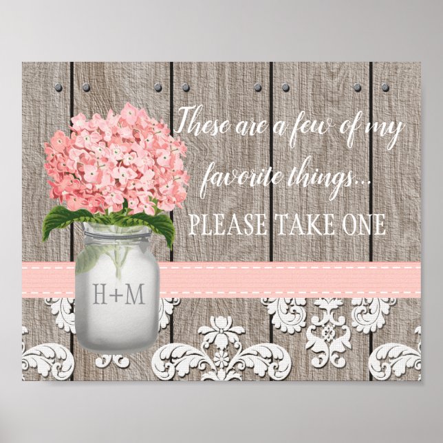 Pink Hydrangea Mason Jar Please Take One Favor Poster (Front)