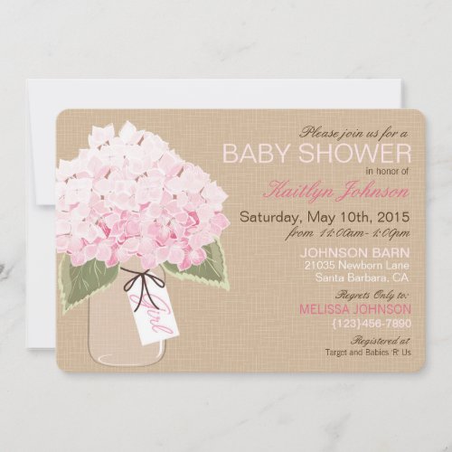 Pink Hydrangea Mason Jar Rustic Baby Shower Invitation