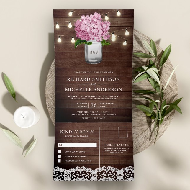 Pink Hydrangea Mason Jar String Lights Wedding Tri-Fold Invitation (Creator Uploaded)