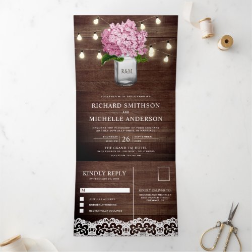 Pink Hydrangea Mason Jar String Lights Wedding Tri_Fold Invitation