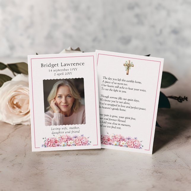 Pink Hydrangea Memorial Photo Prayer Card (Creator Uploaded)