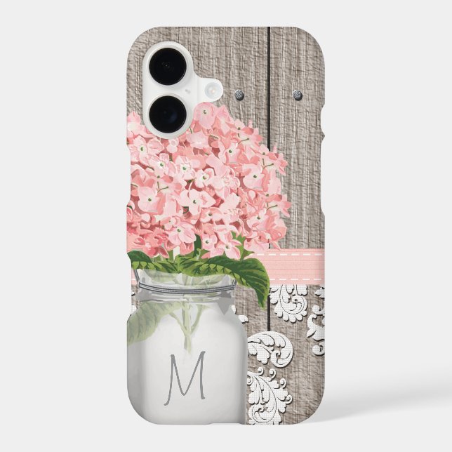 Pink Hydrangea Monogram Mason Jar Iphone Case (Back)