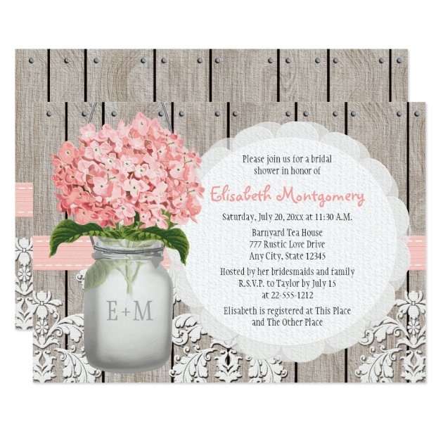 Pink Hydrangea Monogrammed Mason Jar Bridal Shower Invitation