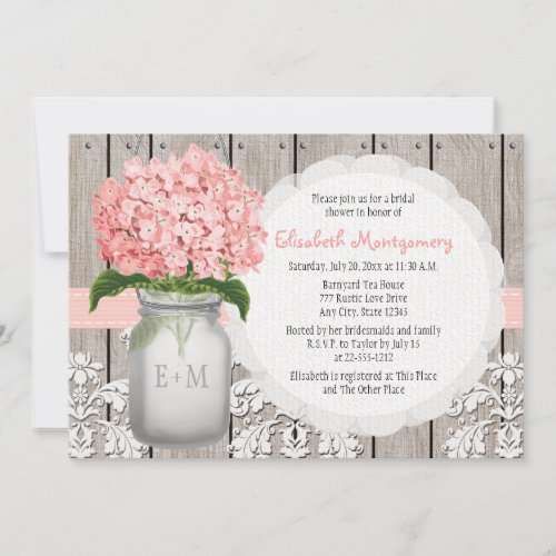 Pink Hydrangea Monogrammed Mason Jar Bridal Shower Invitation