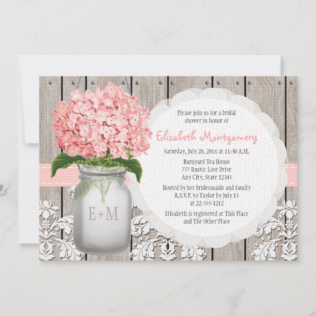Pink Hydrangea Monogrammed Mason Jar Bridal Shower Invitation (Front)