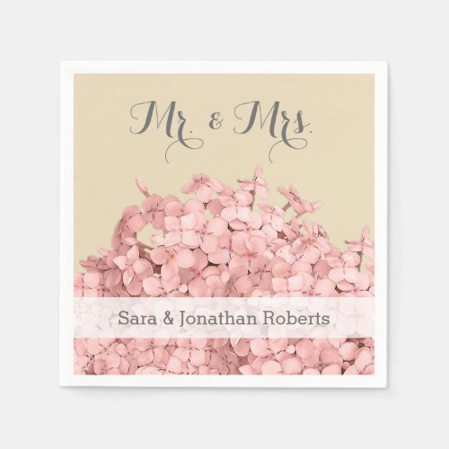 Pink Hydrangea on Khaki Personalized Wedding Paper Napkins