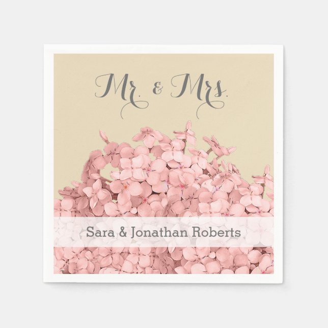 Pink Hydrangea on Khaki Personalized Wedding Paper Napkins (Front)