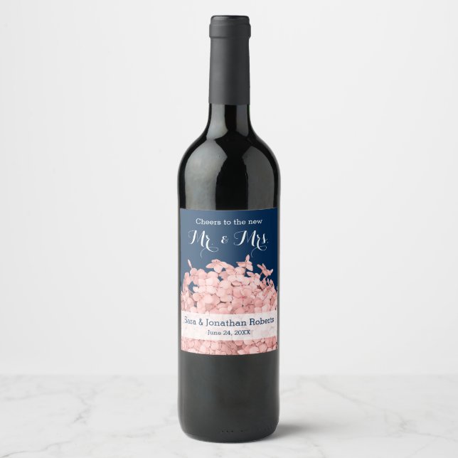 Pink Hydrangea on Navy Blue Personalized Wedding Wine Label (Front)