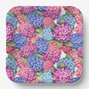 Pink Hydrangea Paper Plates, Floral Botanical  Plates