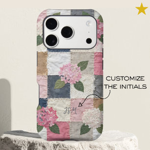 Pink Hydrangea Patchwork Quilt Custom Initial Name iPhone 17 Pro Case