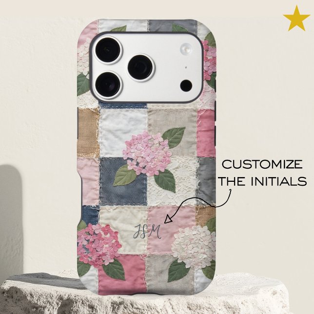 Pink Hydrangea Patchwork Quilt Custom Initial Name iPhone Case (Creator Uploaded)