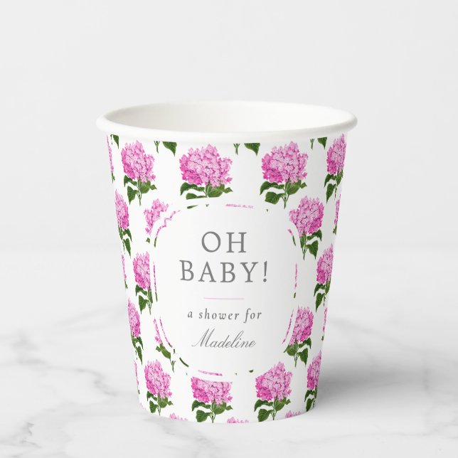 Pink Hydrangea Pattern Oh Baby Girl Shower Paper Cups (Front)