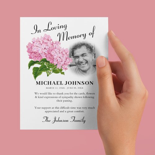 Pink Hydrangea Photo Funeral Thank You Card