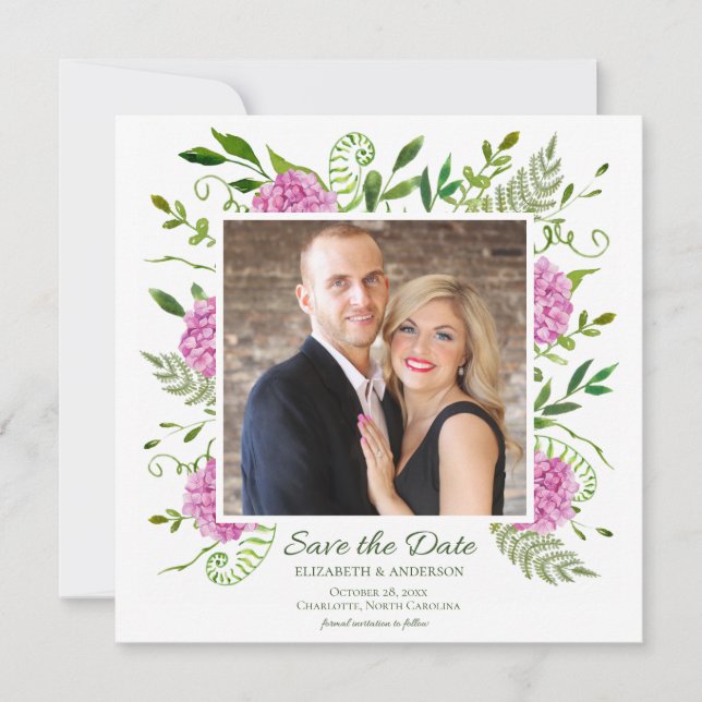 Pink Hydrangea Photo Save The Date (Front)