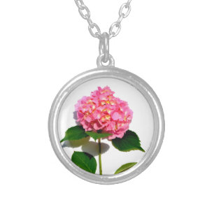 Pink hydrangea pink flower pink floral silver plated necklace