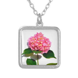 Pink Hydrangea pink flower pink floral Silver Plated Necklace