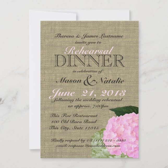 Pink Hydrangea Rehearsal Dinner 5x7 Invitation (Front)