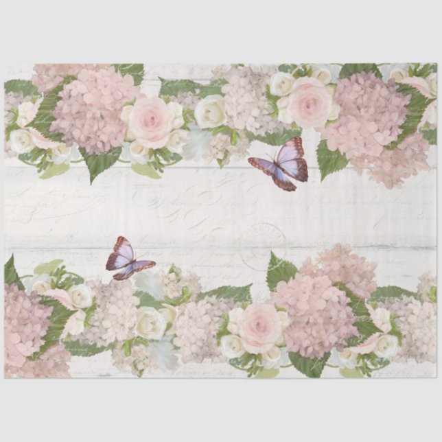Pink Hydrangea Rose Butterfly Flower Floral Script Tissue Paper (Front)