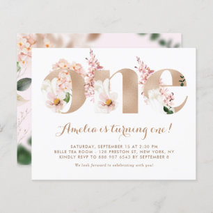 Pink Hydrangea Rose Gold First Birthday Invitation