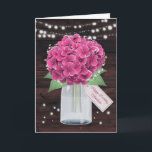 Pink Hydrangea Rustic Floral Sister Birthday Card<br><div class="desc">Sweet rustic pink floral birthday card featuring pink hydrangeas and baby's breath inside a mason jar against a rustic wood background. String lights and twinkle stars add a magical charm to this cute floral design. A floral tag with 'Happy Birthday' custom text on the front and a big floral heart...</div>