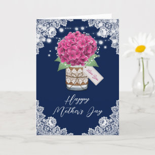 Pink Hydrangea Rustic Lace Blue Mother's Day Card